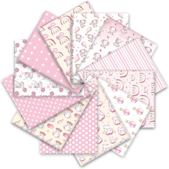 12Pcs Baby Shower Cotton Fabric Bundles Pink Elephant Hot Air Balloon Star Fat Quarters Cute Sewing Fabrics for DIY Boklzor Crafts, 18 x 22 IBoklzorh