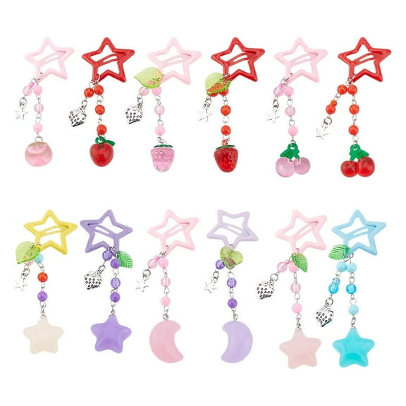 12Pcs Baking Paint Alloy Snap Hair Clips with Resin Plastic Acrylic Pendants Star Mixed Color 100mm 12pcs/set