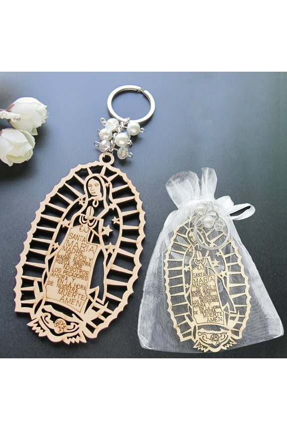12Pcs Baptism Our Lady of Guadalupe Wood Design Keychain baptism Favors for Boy or Girl Recuerdos de Bautizo Christening JK183W