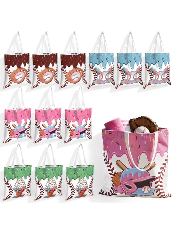 12 Pack Baseball Party Favor Bags, Reusable Canvas Tote Bags with Handles for Sports Party Favors, Double-Sided Ice Cream Drip Print Goodie Bags, 15.7"x13.8"