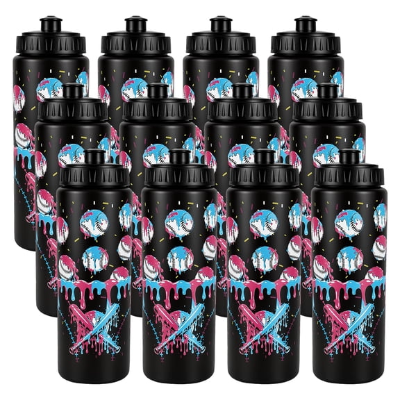 12Pcs Baseball Drip Ice Cream Themed Water Bottle 20 oz Plastic Leakproof Black Sports Water Cup for Travel Sports Party Favor