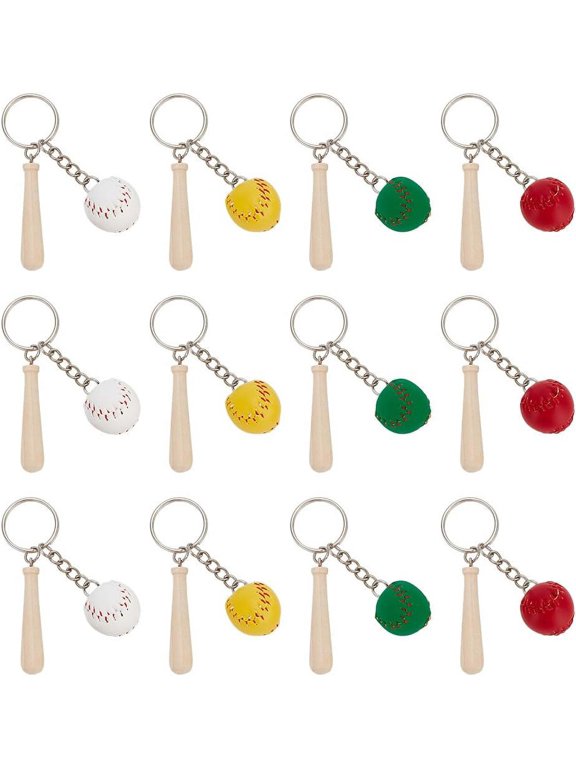 12Pcs Baseball Keychains PU Leather Baseball Keychains Pendants Wood Baseball Bat Keychains Pendants Sports Themed Keychain for Keychian Making DIY Crafts Decoration Bag Accessories Colorful DIY