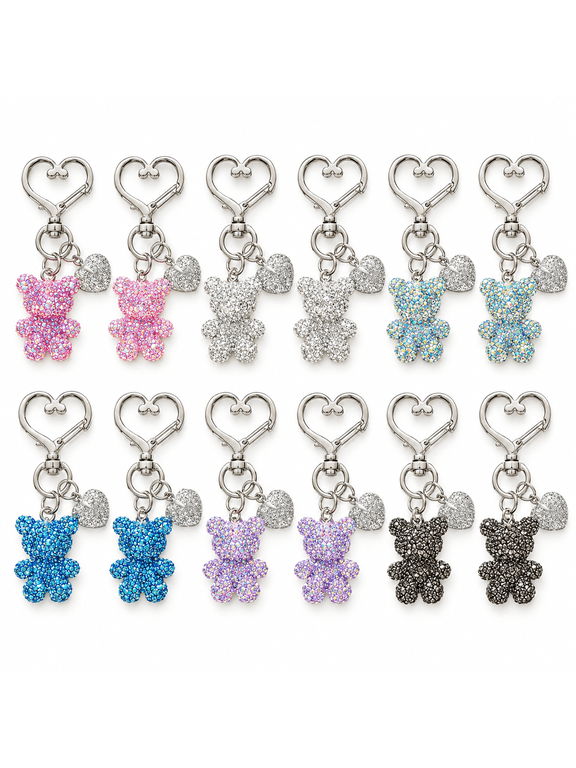 12Pcs Bear and Heart Keychains with Silver Heart Clasp - Rhinestone Bear Charm Keyrings with Rotatable Ring for Keys, Backpacks, Bags and Cardholders