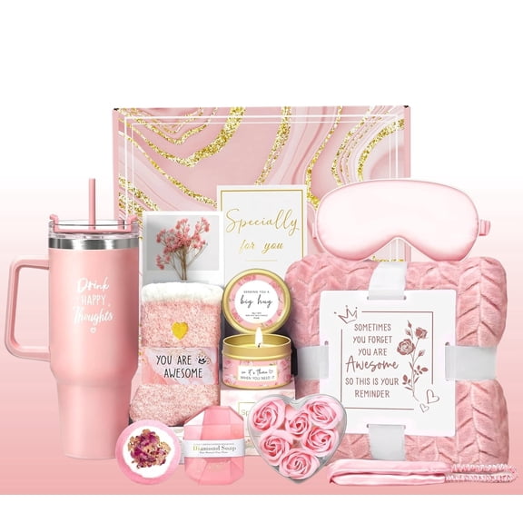 12 Pcs Birthday Gifts for Women, Relaxing Spa Basket with Luxury Flannel Blanket and 40 oz Tumbler-Care Package for Her, Mom, Wife, Sister,Friends,Christmas, Valentine's, Mother's Day Gifts Set,Pink