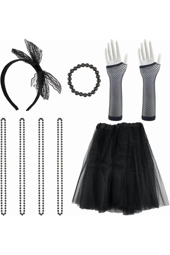 12Pcs Black 80s Fancy Dress Costume Accessories Kits Neon Style Lace Headband Fishnet Gloves Necklace Bracelet Womens Outfit Jewelry Set Bulk for DIY Women 80s Retro Party Prom Cosplay