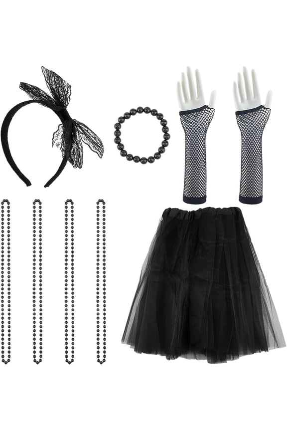 12Pcs Black 80s Fancy Dress Costume Accessories Kits Neon Style Lace Headband Fishnet Gloves Necklace Bracelet Womens Outfit Jewelry Set Bulk for Women 80s Retro Party Prom Cosplay