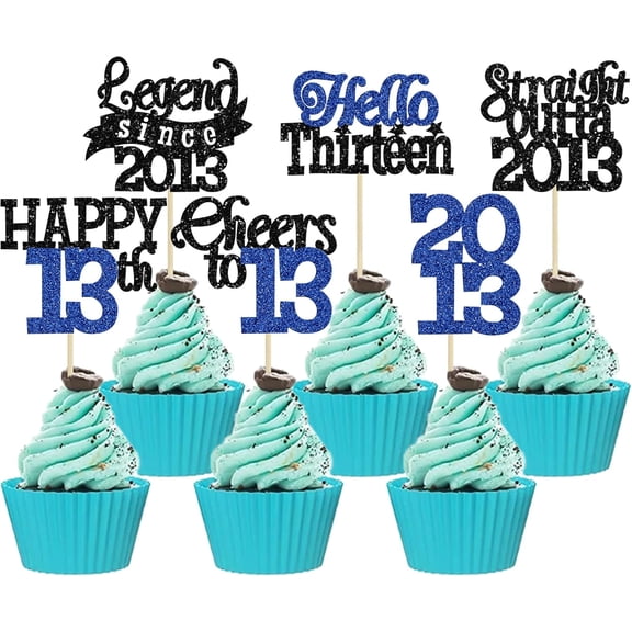 12Pcs Black & Blue Glitter 13th Birthday Cupcake Toppers, "Cheers to 13, Hello Thirteen, Legend Since 2013, Straight Outta 2013" Cake Picks for 13th Birthday Party Decorations