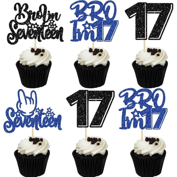 12Pcs Black & Blue Glitter 17th Birthday Cupcake Toppers, "Bro I'm Seventeen" Cake Picks for Boys 17th Birthday Party Decorations