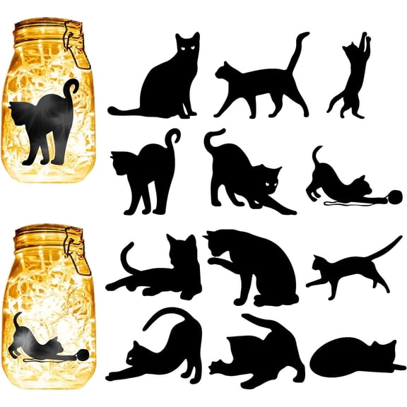 12Pcs Black Cat Silhouettes Mason Jar Decor Laser Cut Cardboard Scrapbook Cutouts Die Cuts PVC Decoration