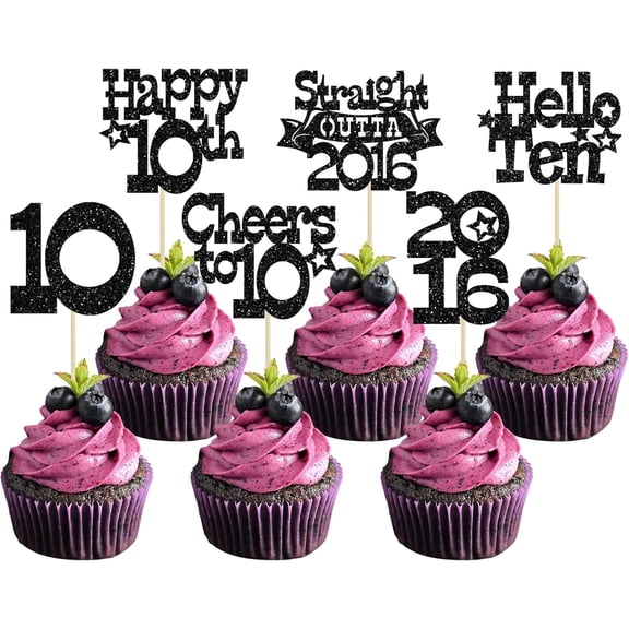 12Pcs Black Glitter 10th Birthday Cupcake Toppers, "Hello 2016, Cheers to 10" Picks for 10th Birthday Party Cake Decorations