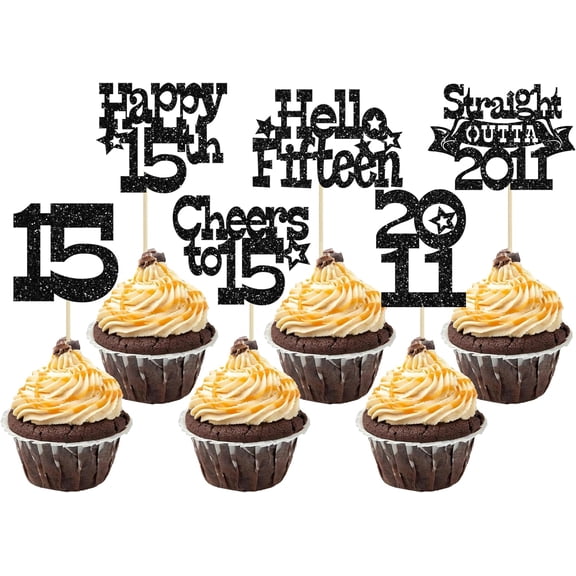 12Pcs Black Glitter 15th Birthday Cupcake Toppers, "Hello 2011, Cheers to 15" Picks for 15th Birthday Party Cake Decorations