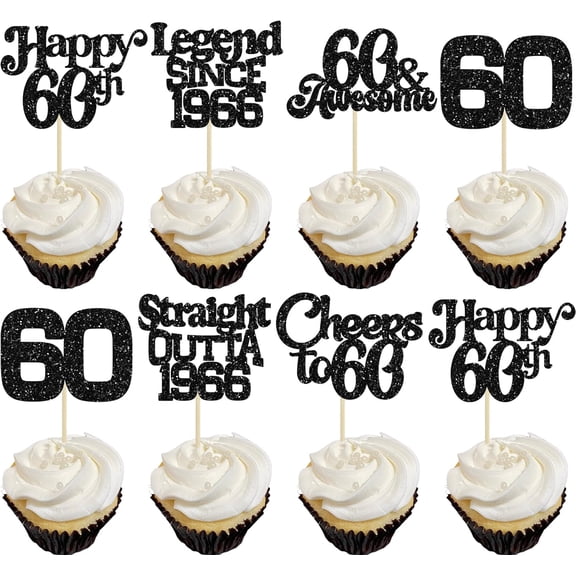12Pcs Black Glitter 60th Birthday Cupcake Toppers, Legend Since 1966, Cheers to 60 Picks for 60th Birthday Party Cake Decorations