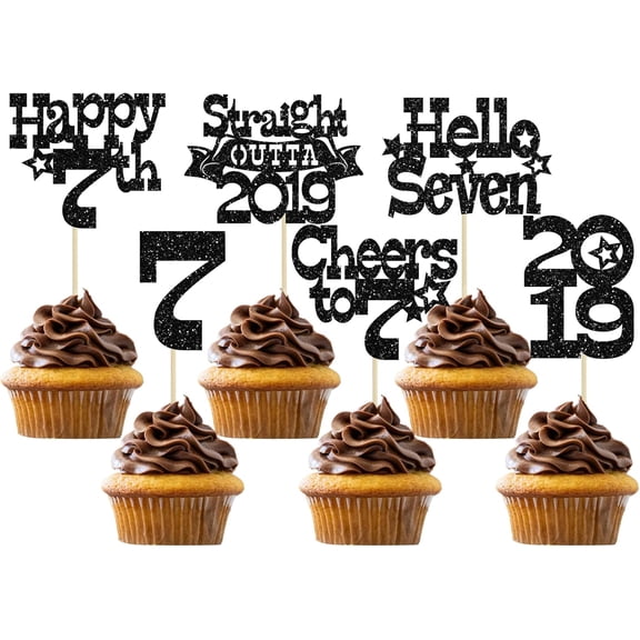 12Pcs Black Glitter 7th Birthday Cupcake Toppers, "Hello 2019, Cheers to 7" Picks for 7th Birthday Party Cake Decorations