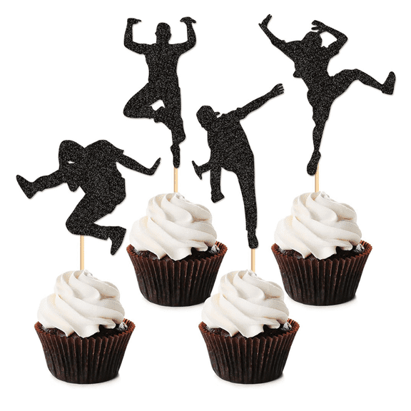 12Pcs Black Glitter Breakdance Cupcake Toppers Hip Hop Bboy Dancer Silhouette Cake Picks Hip Hop Street Dance Battle Teen Boys Dance Birthday Party Cupcake Dessert Decorations