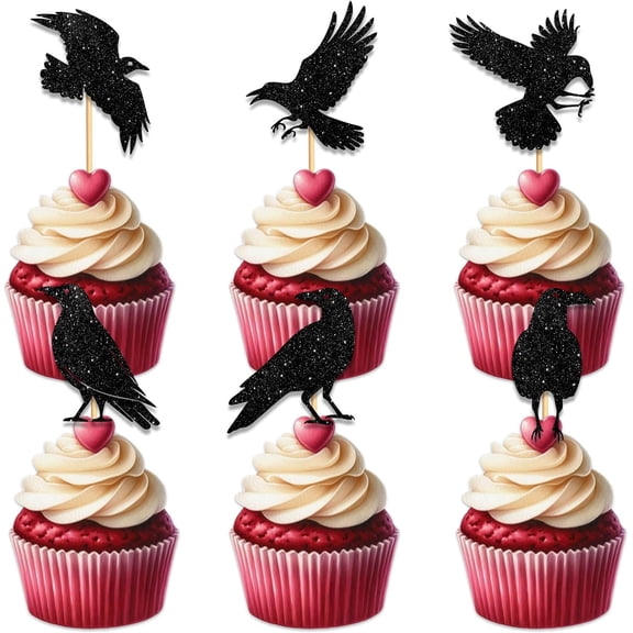 12Pcs Black Glitter Crow Raven Silhouette Cupcake Toppers, Spooky Bird Cupcake Picks for Halloween Gothic Dark Theme Birthday Party Cake Decorations