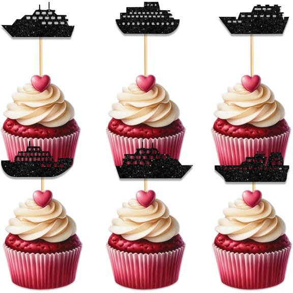 12Pcs Black Glitter Cruise Ship Cupcake Toppers, Ocean Boat Silhouette Cupcake Picks for Nautical Voyage Themed Birthday Party Cake Decorations