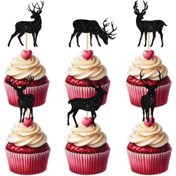 12Pcs Black Glitter Deer Silhouette Cupcake Toppers, Stag Antler Cupcake Picks for Hunting Party Christmas Birthday Rustic Wedding Cake Decorations