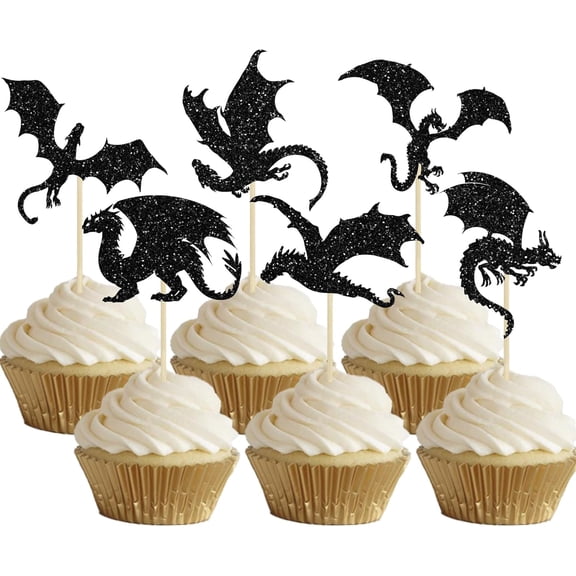 12Pcs Black Glitter Dragon Silhouette Cupcake Toppers, Medieval Fantasy Theme Picks for Boys Birthday Party Cake Decorations