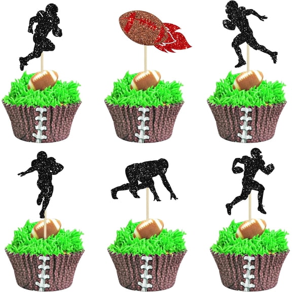 12Pcs Black Glitter Football Player Silhouette Cupcake Toppers, Football Themed Cake Picks for Sports Party, Super Bowl Game Day Decor
