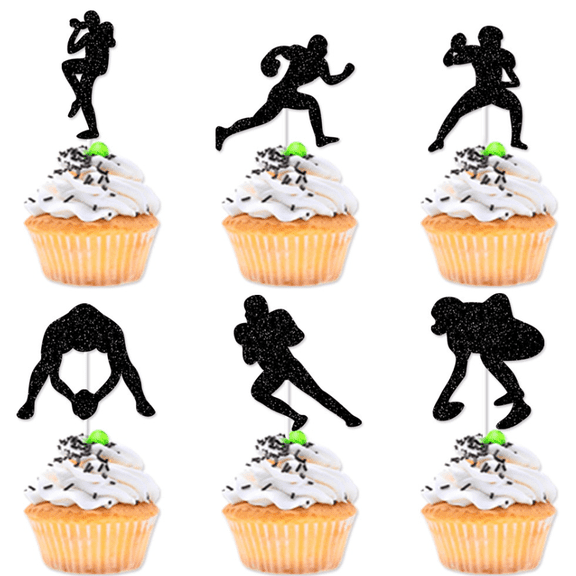 12Pcs Black Glitter Football Player Silhouette Cupcake Toppers Rugby Sports Figure Cake Picks Super Bowl Game Day Boys Birthday Tailgate Bachelor Party Cupcake Muffin Decorations