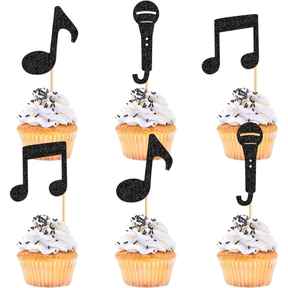 12Pcs Black Glitter Microphone Music Note Cupcake Toppers, Singer Karaoke Mic Cupcake Picks for Vocalist Birthday Talent Show Party Dessert Topper