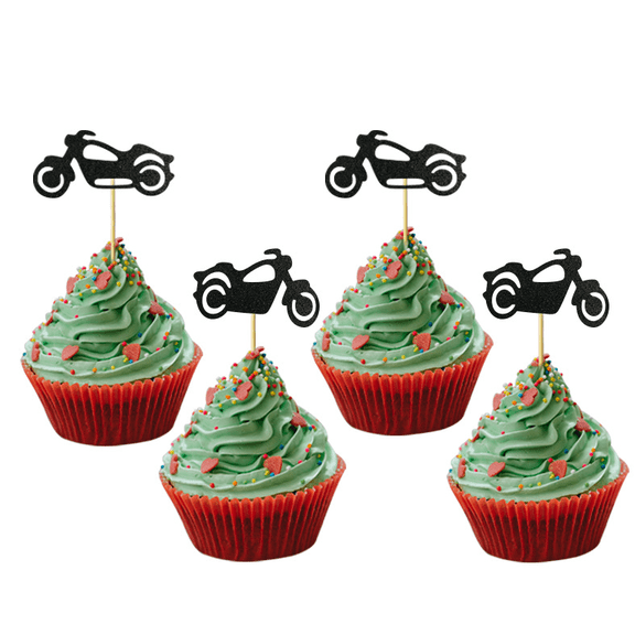 12Pcs Black Glitter Motorcycle Cupcake Toppers Motorbike Silhouette Cake Picks Biker Men Boys Birthday Bachelor Party Fathers Day Motorcycle Theme Party Cupcake Decorations