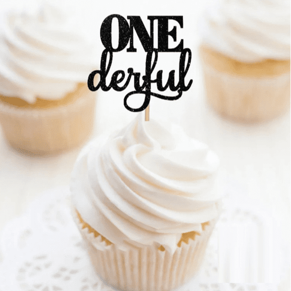 12Pcs Black Glitter ONEderful Cupcake Toppers Onederful 1st Birthday Cake Picks Neutral Baby First Birthday Smash Cake Party Dessert Decorations