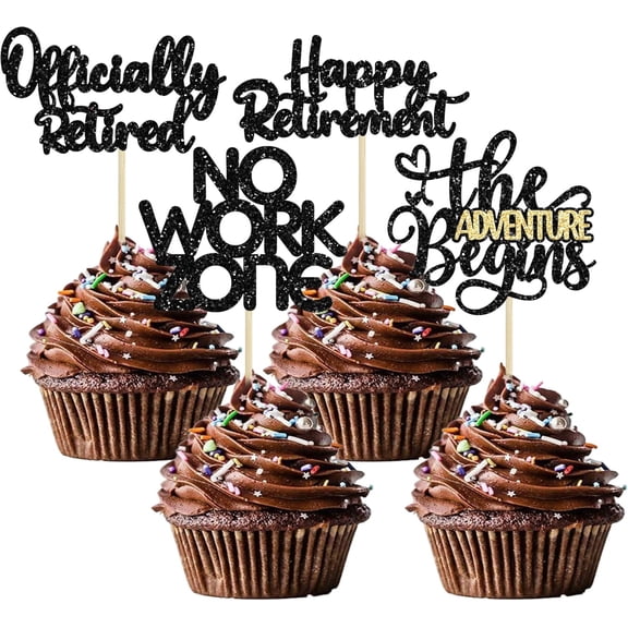 12Pcs Black Glitter Retirement Cupcake Toppers, "No Work Zone, Officially Retired" Picks for Retired Party Cake Decorations
