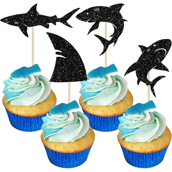 12Pcs Black Glitter Shark Cupcake Toppers, Shark Fin Silhouette Picks for Ocean Themed Birthday Party Cake Decorations