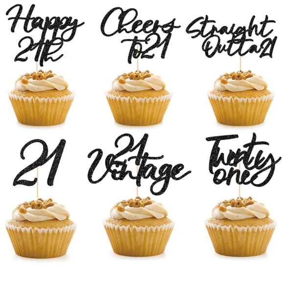 12Pcs Black Glitter Vintage 21 Cupcake Toppers Happy 21st Birthday Cheers To 21 Straight Outta Twenty One Cake Picks Legal Drinking Age Adult Milestone Party Cupcake Decorations