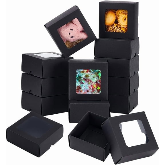 12Pcs Black Kraft Paper Box with Clear Window 3.9x3.9x1.9inch Square Kraft Paper Gift Box