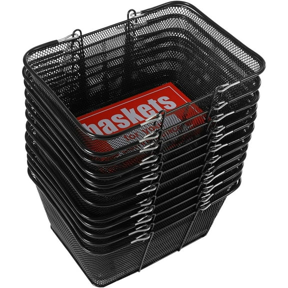 12Pcs Black Metal Shopping Basket with Handles, Portable Wire Shopping Basket, Black Wire Mesh shopping Basket Set for Supermarkets, Retail Stores.