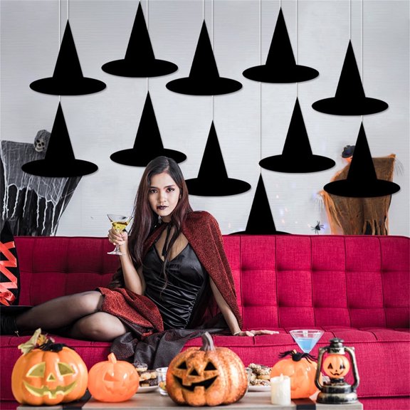 12Pcs Black Paper Hanging Witch Hats With Nylon Rope, Foldable Halloween Porch Ceiling Yard Party Spooky Decor