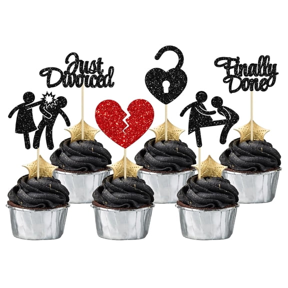 12Pcs Black & Red Glitter Divorce Cupcake Toppers, Just Divorced, Finally Done & Broken Heart Picks for Divorce Party, Breakup Celebration Decor