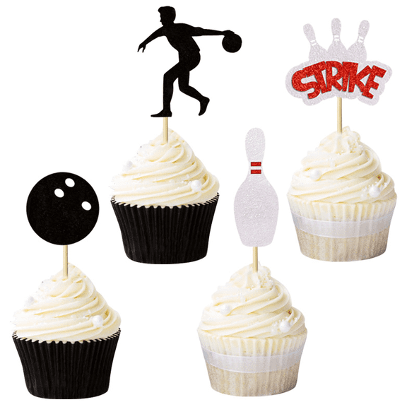 12Pcs Black Red Silver Glitter Bowling Cupcake Toppers Bowler Silhouette Bowling Ball Pins Strike Cake Picks Bowling Night Sports Men Birthday Game Day Party Cupcake Muffin Decorations