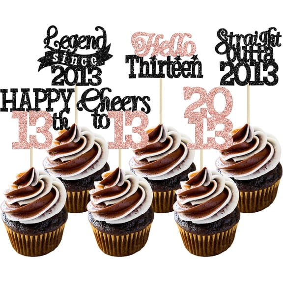 12Pcs Black & Rose Gold Glitter 13th Birthday Cupcake Toppers, "Legend Since 2013, Cheers to 13, Straight Outta 2013" Cake Picks for 13th Birthday Party Decorations