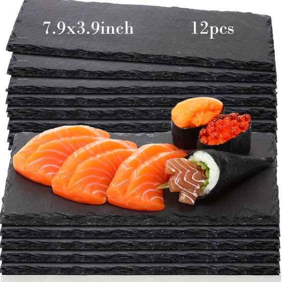 12Pcs Black Slate Serving Plates 7.93.9 Inches, Stone Platters for Catering, Sushi, Steak, Cheese & BBQ, Laser Engravable, Ideal for Home, Wedding & Outdoor Parties