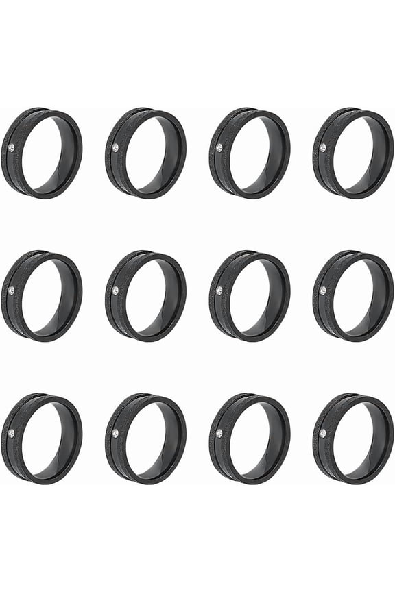 12Pcs Black Stainless Steel Frosted Blank Ring Size 6 Rhinestone Grooved Ring Round Empty Ring for Inlay Ring Jewelry Band Making and Gift