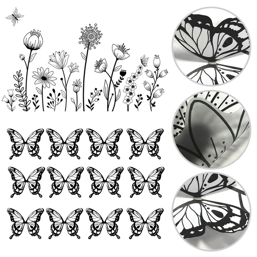 12Pcs Black White 3D Butterfly Wall Stickers Pure Black Floral Wall Stickers