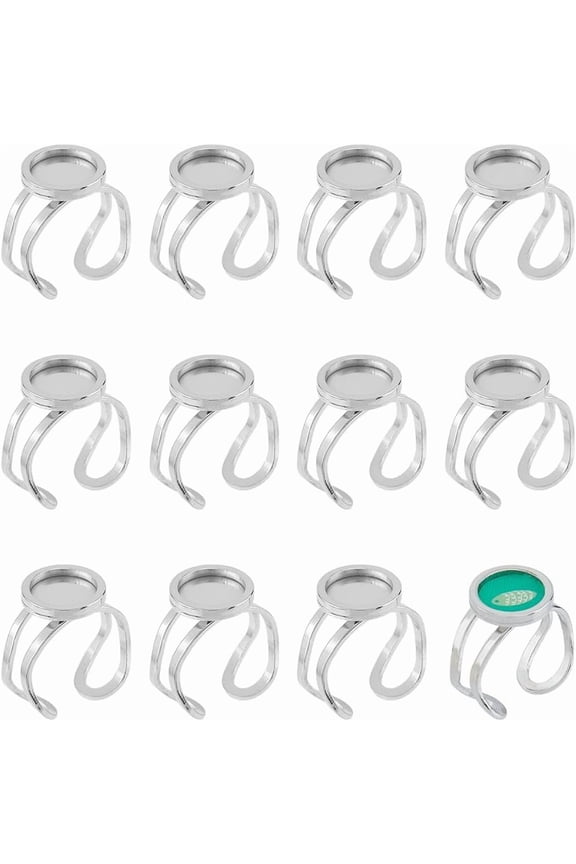 12Pcs Blank Rings 10mm Cabochon Ring Trays Round Bezel Finger Ring Stainless Steel Adjustable Ring Base Cuff Ring Blanks Ring Settings Component