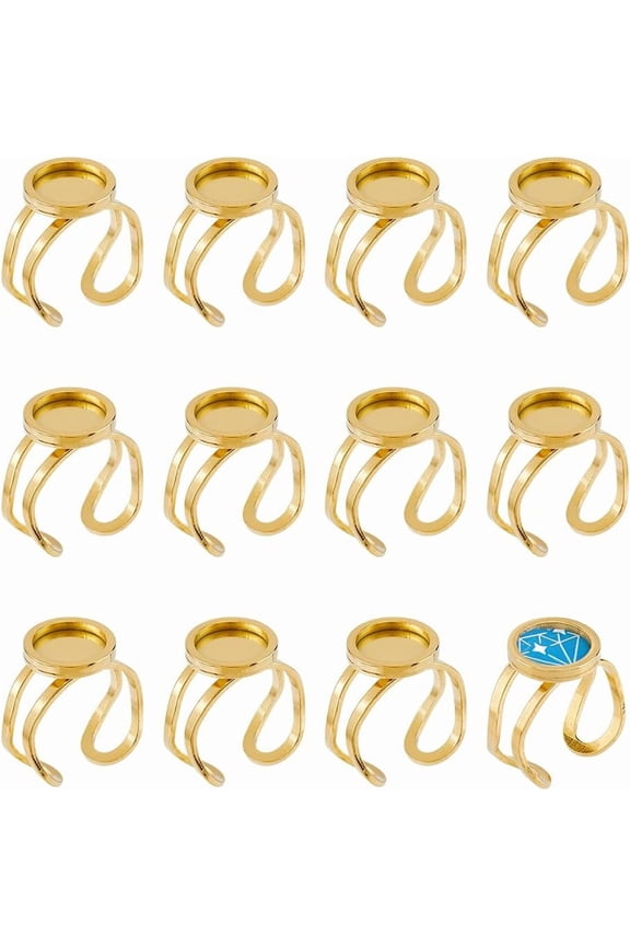 12Pcs Blank Rings 10mm Cabochon Ring Trays Round Bezel Finger Ring Stainless Steel Adjustable Ring Base Golden Cuff Ring Blanks Ring Settings Component for DIY handcrafting