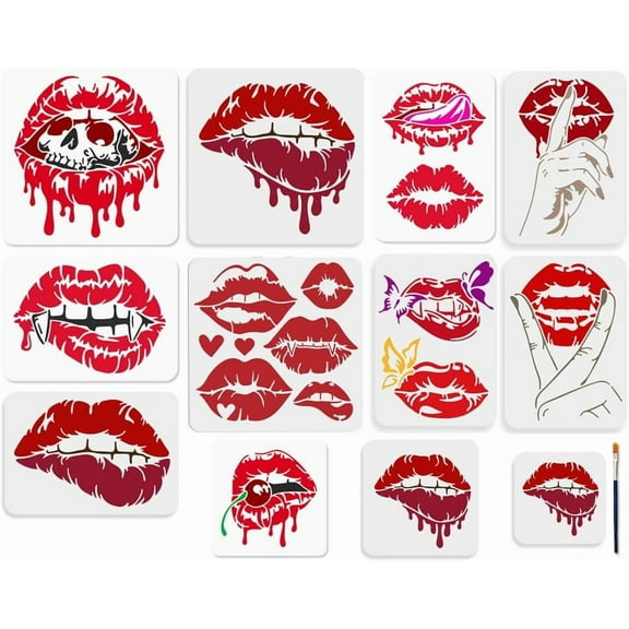 12Pcs Bleeding Red Lips Stencils Vampire Painting Stencil 5.9~11.8inch Reusable Cherry Butterfly Drawing Template with Paint Brush for DIY