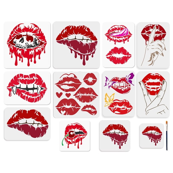 12Pcs Bleeding Red Lips Stencils Vampire Painting Stencil 5.9 -11.8inch Reusable Cherry Butterfly Drawing Template with Paint Brush