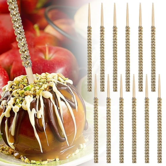 12Pcs Bling Candy Apple Sticks, 5.8 inch Caramel Apple Wooden Skewers, Fruit Treats Cake Pop Decorative Sticks with Rhinestones Diamond Mesh Wrap, Dessert Party Birthday Wedding Christmas Decor