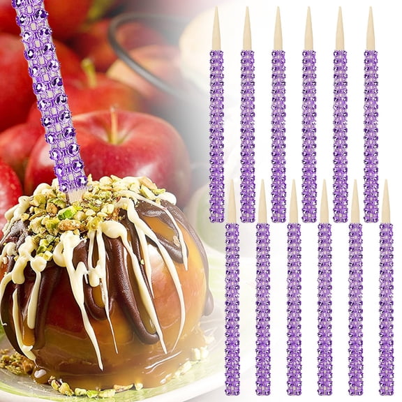 12Pcs Bling Candy Apple Sticks, 5.8 inch Caramel Apple Wooden Skewers, Fruit Treats Cake Pop Decorative Sticks with Rhinestones Diamond Mesh Wrap, Dessert Party Birthday Wedding Christmas Decor