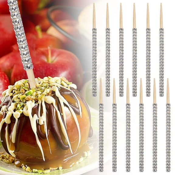 12Pcs Bling Candy Apple Sticks, 5.8 inch Caramel Apple Wooden Skewers, Fruit Treats Cake Pop Decorative Sticks with Rhinestones Diamond Mesh Wrap, Dessert Party Birthday Wedding Christmas Decor