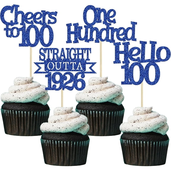 12Pcs Blue Glitter 100th Birthday Cupcake Toppers, Cheers to 100 Hello 100 Straight Outta 1926 Cake Picks for 100th Birthday Party Supplies
