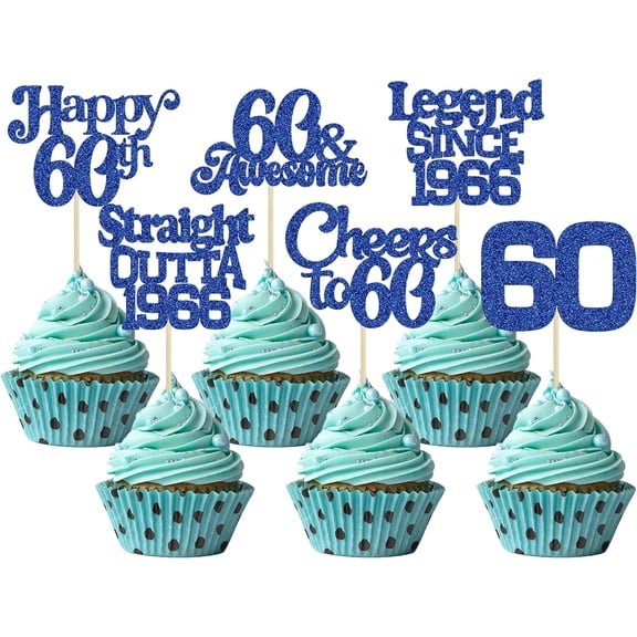 12Pcs Blue Glitter 60th Birthday Cupcake Toppers, Legend Since 1966, Cheers to 60 Picks for 60th Birthday Party Cake Decorations