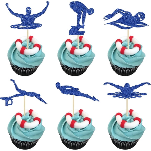 12Pcs Blue Glitter Swimming Cupcake Toppers, Swimmer Silhouette Picks for Sports Birthday Party Cake Decorations