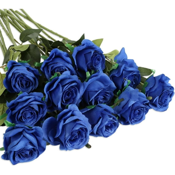 12Pcs Blue Roses Artificial Flowers Fake Silk Rose Flowers Bouquet with Long Stem Faux Roses Life-Like Flowers for Wedding Home Decor Floral Arrangement Party Table Centerpieces (Royal Blue)